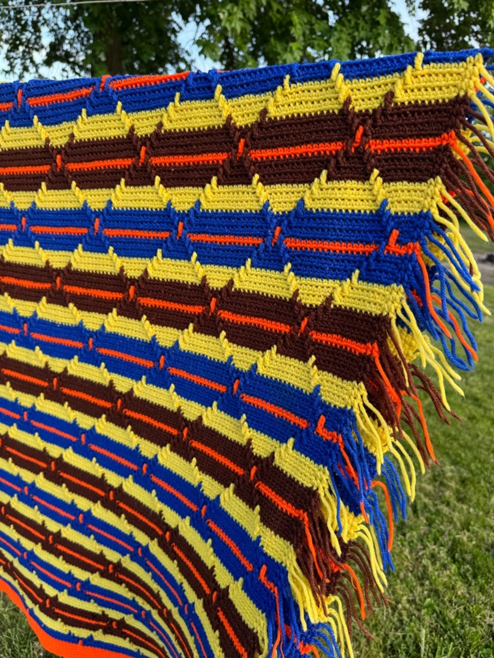 Vintage Handmade Crochet Mid Century Afghan Blanket 80x90 Fringe Southwest Fall